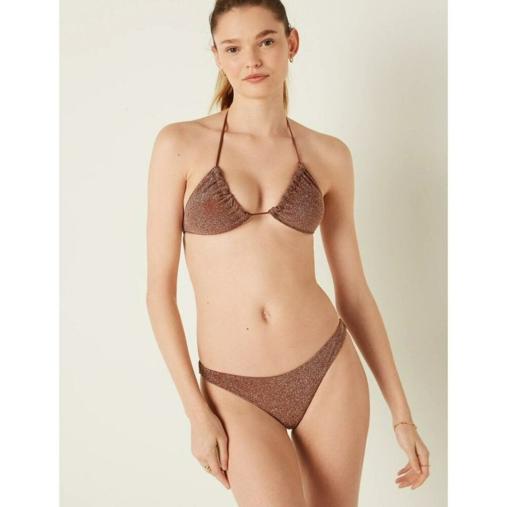 PINK Shimmer Brazilian Soft Cappucino Sparkle Bikini Bottom Medium